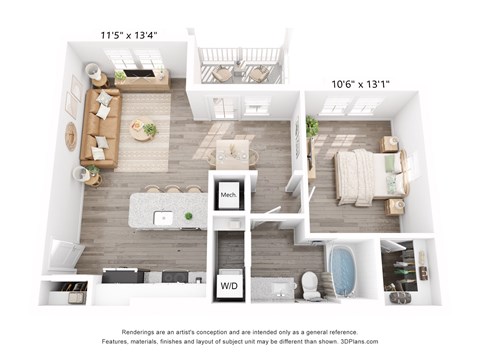 Floor plan for 1 bed, 1 bath, 708 sqft